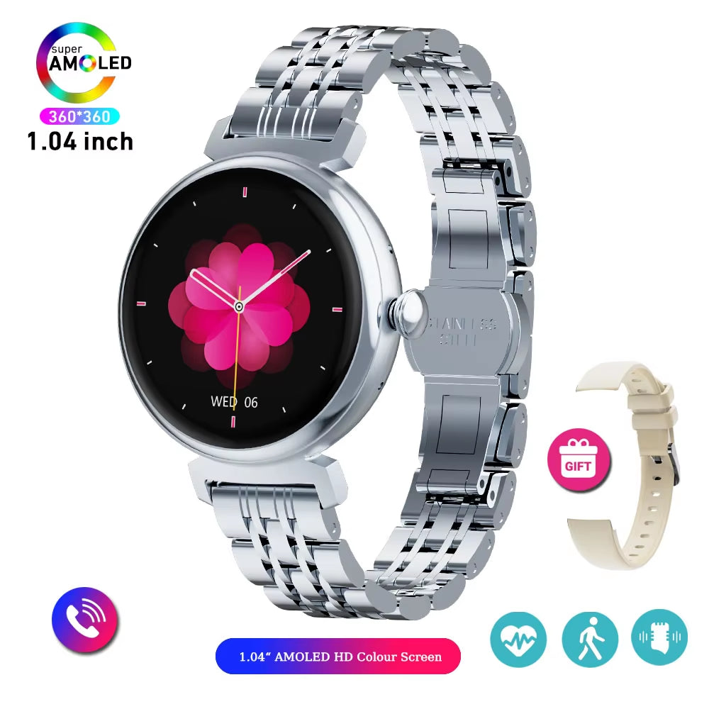 1.04 Inch AMOLED Screen Fashion Ladies Smart Watch Screen Always Display Bluetooth Call Smartwatch Metal Body Small Screen Watch