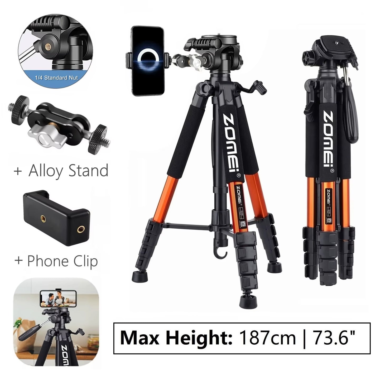 187Cm/73In Tall Tripod Stand for Professional Camera Spotlight Telescope Binoculars 360° Rotatable Phone Holder for Video