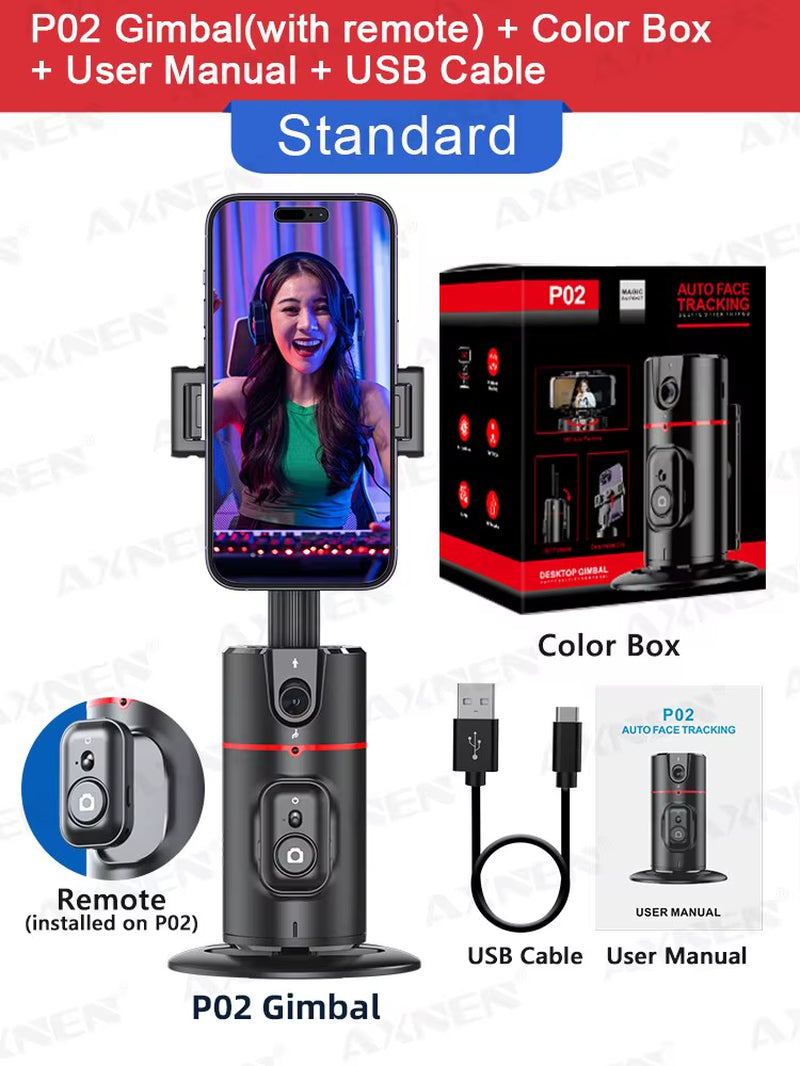 P02 360 Rotation Follow-Up Gimbal Stabilizer Monopod Desktop Tracking Gimbal with Remote for Phone Tiktok Live Photography