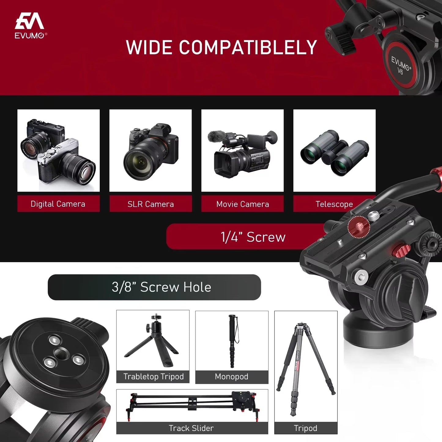 V6 Tripod Head Hydraulic Pan Tilt Video Head Fluid Panoramic Shooting for Camera Tripod Monopod Slider Q.R Plate Load 8Kg