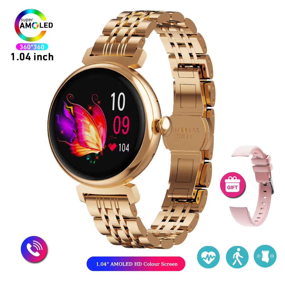 1.04 Inch AMOLED Screen Fashion Ladies Smart Watch Screen Always Display Bluetooth Call Smartwatch Metal Body Small Screen Watch