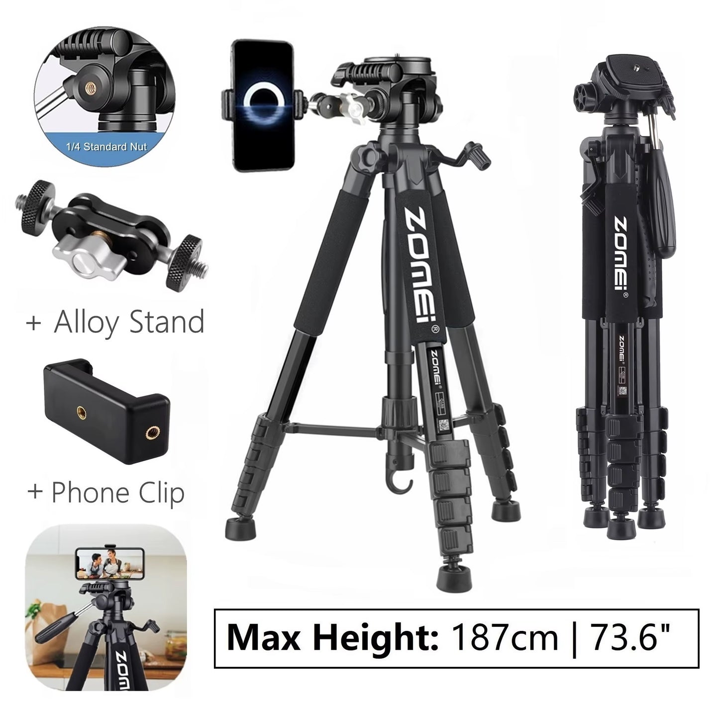 187Cm/73In Tall Tripod Stand for Professional Camera Spotlight Telescope Binoculars 360° Rotatable Phone Holder for Video