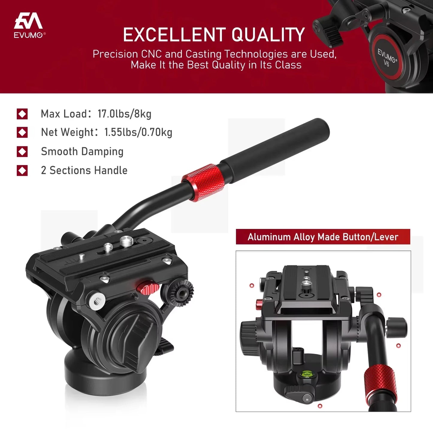 V6 Tripod Head Hydraulic Pan Tilt Video Head Fluid Panoramic Shooting for Camera Tripod Monopod Slider Q.R Plate Load 8Kg