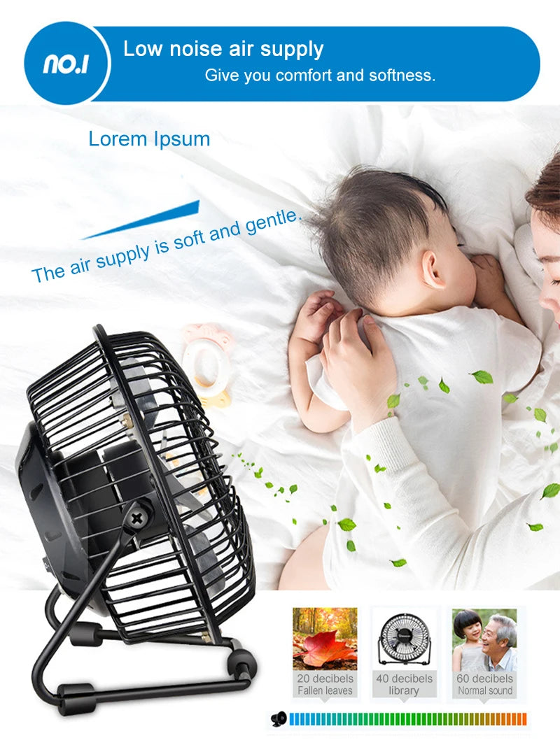4/6inch mini USB fan ferroalloy desktop portable personal home office travel camping silent breeze fan for child baby toddler