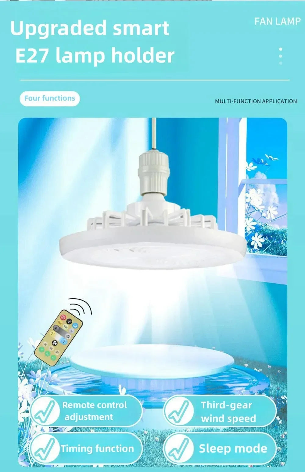  Smart 2 In 1 Ceiling Fan With Remote Control Lighting E27 Conversion Base Lighting Base Suitable for Bedroom and Living