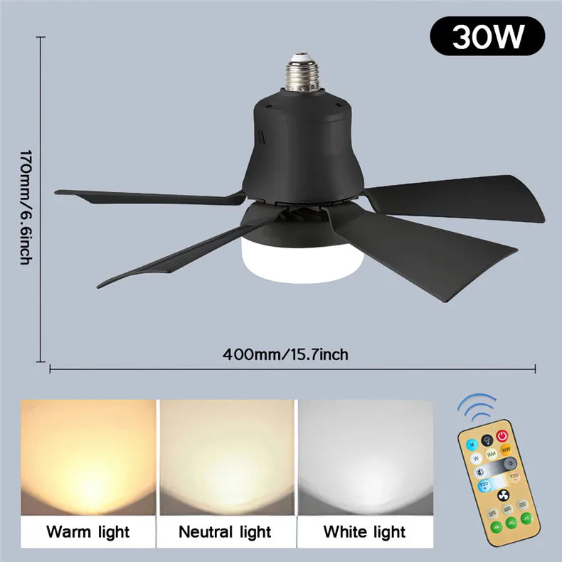 LED Ceiling Fan With Light E27 Socket Remote Control Dimmable 30W Modern Smart Wireless Fans Lighting For Bedroom Garage Kitchen