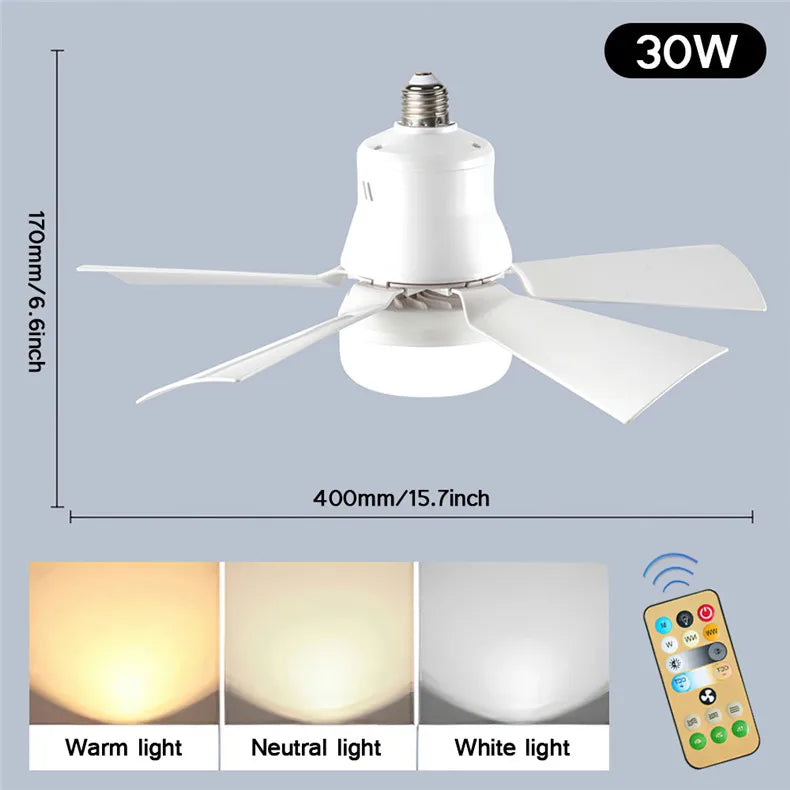 LED Ceiling Fan With Light E27 Socket Remote Control Dimmable 30W Modern Smart Wireless Fans Lighting For Bedroom Garage Kitchen