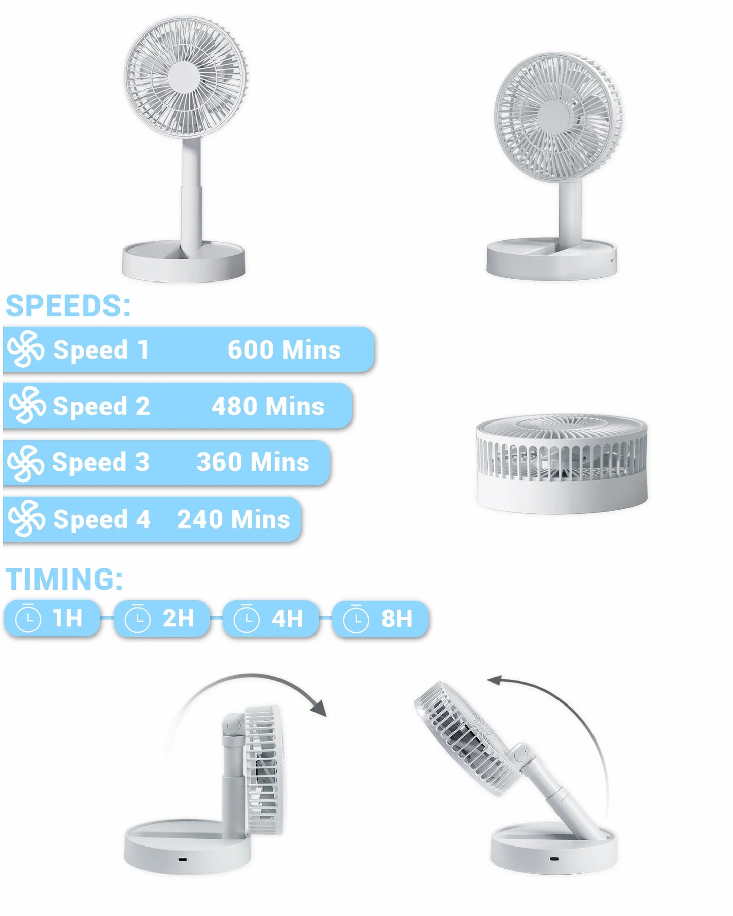 USB Foldable Fan with 4 Speeds & Timing,Battery Operated Mini Fan for Bedroom, Indoor or Outdoor,Table Fan