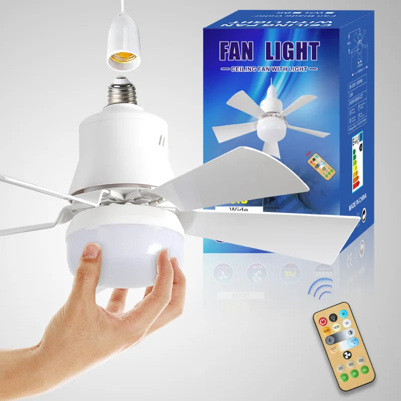 LED Ceiling Fan With Light E27 Socket Remote Control Dimmable 30W Modern Smart Wireless Fans Lighting For Bedroom Garage Kitchen