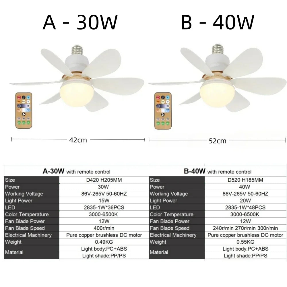30W ceiling fan light E27 with remote dimming function LED fan light suitable for living room, study, and home use 85-265V