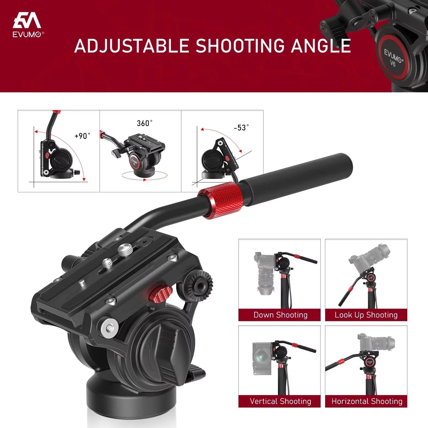 V6 Tripod Head Hydraulic Pan Tilt Video Head Fluid Panoramic Shooting for Camera Tripod Monopod Slider Q.R Plate Load 8Kg