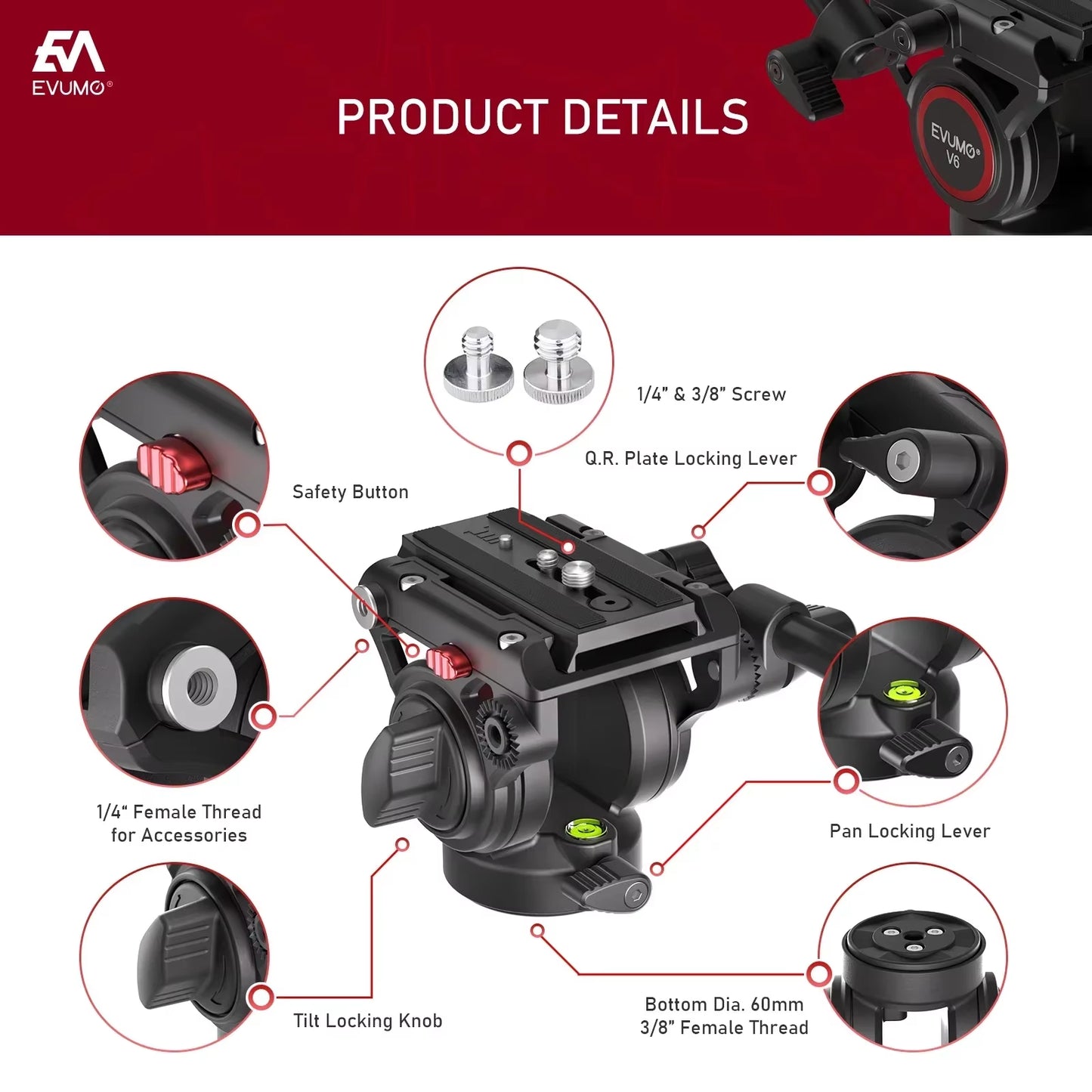 V6 Tripod Head Hydraulic Pan Tilt Video Head Fluid Panoramic Shooting for Camera Tripod Monopod Slider Q.R Plate Load 8Kg