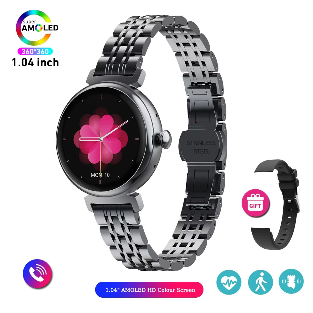 1.04 Inch AMOLED Screen Fashion Ladies Smart Watch Screen Always Display Bluetooth Call Smartwatch Metal Body Small Screen Watch