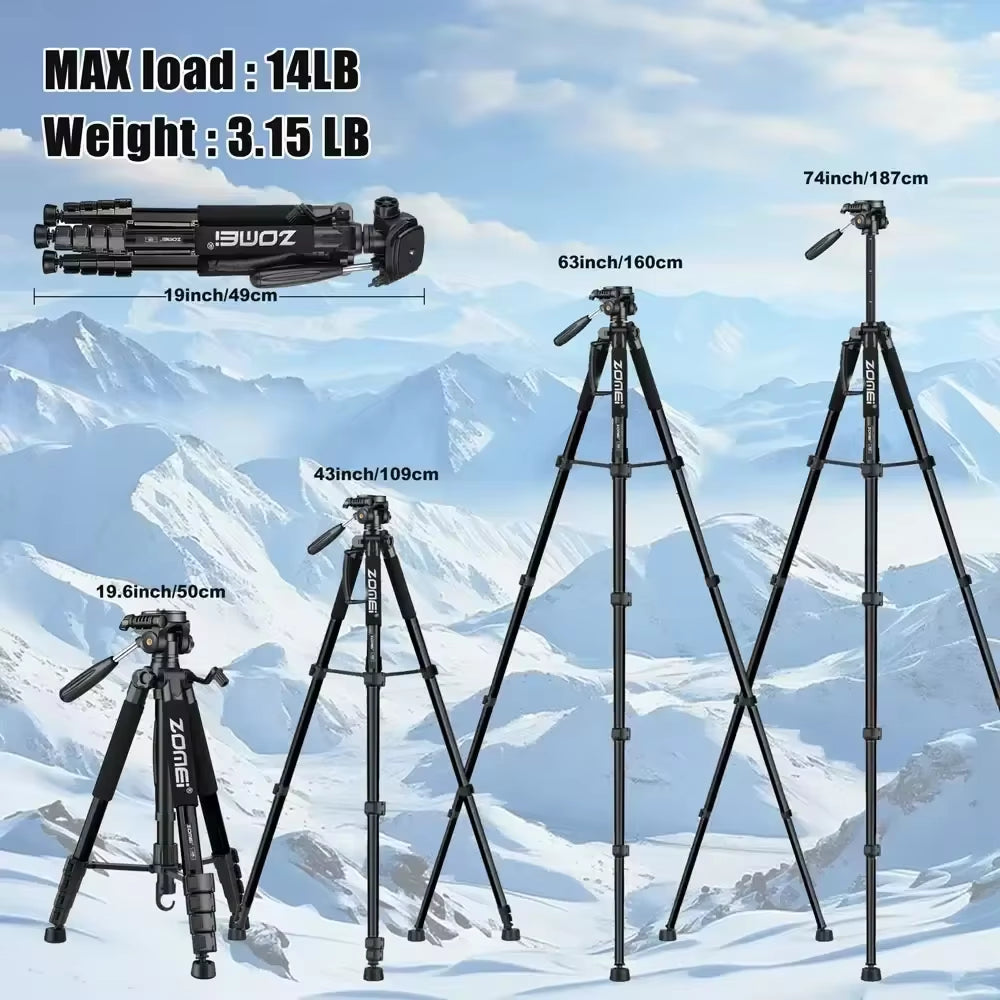 187Cm/73In Tall Tripod Stand for Professional Camera Spotlight Telescope Binoculars 360° Rotatable Phone Holder for Video