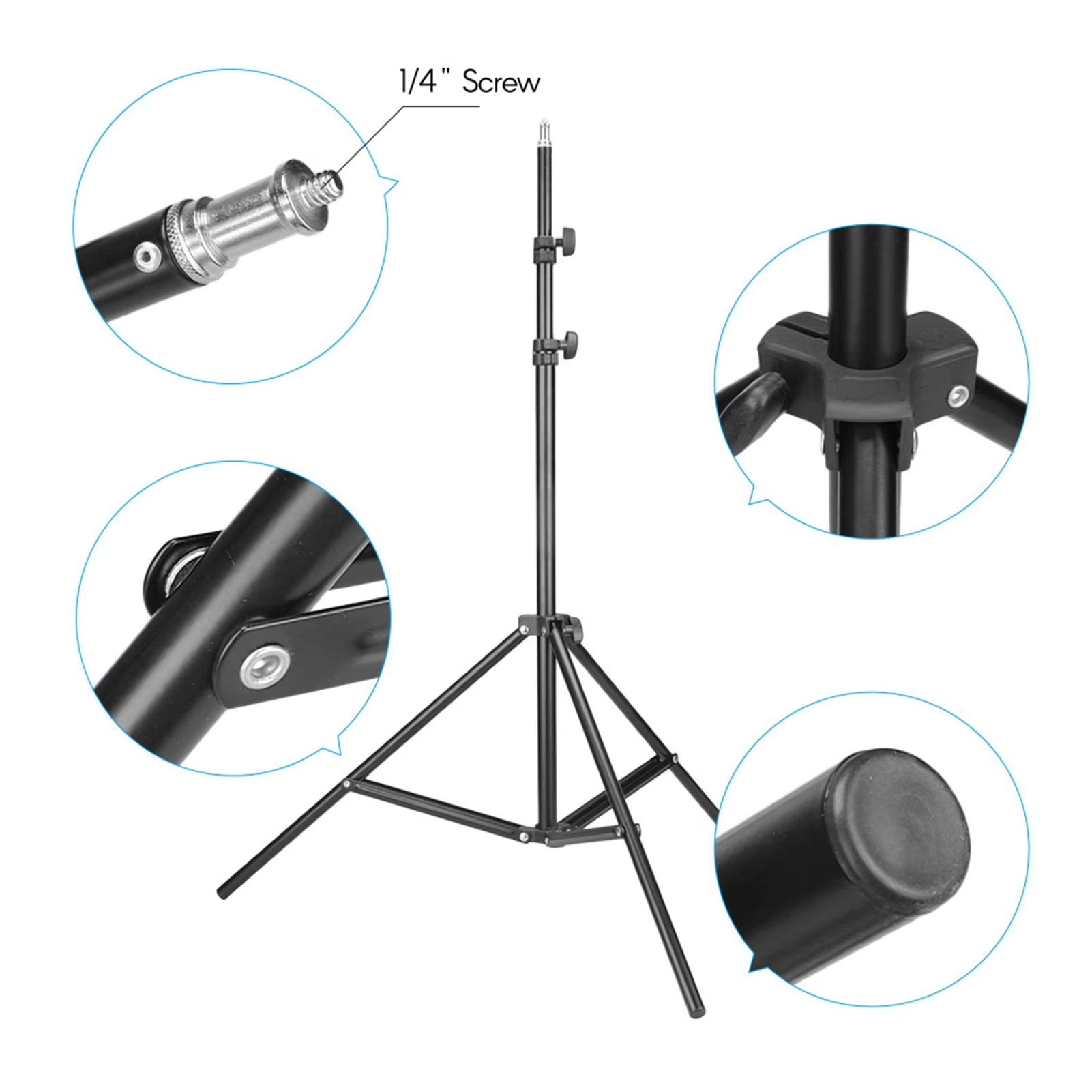 Adjustable Metal Tripod Light Stand Max. Height 2M/6.6Ft with 1/4 Inch Screw for Photography Studio LED Video Light Umbrella Rin
