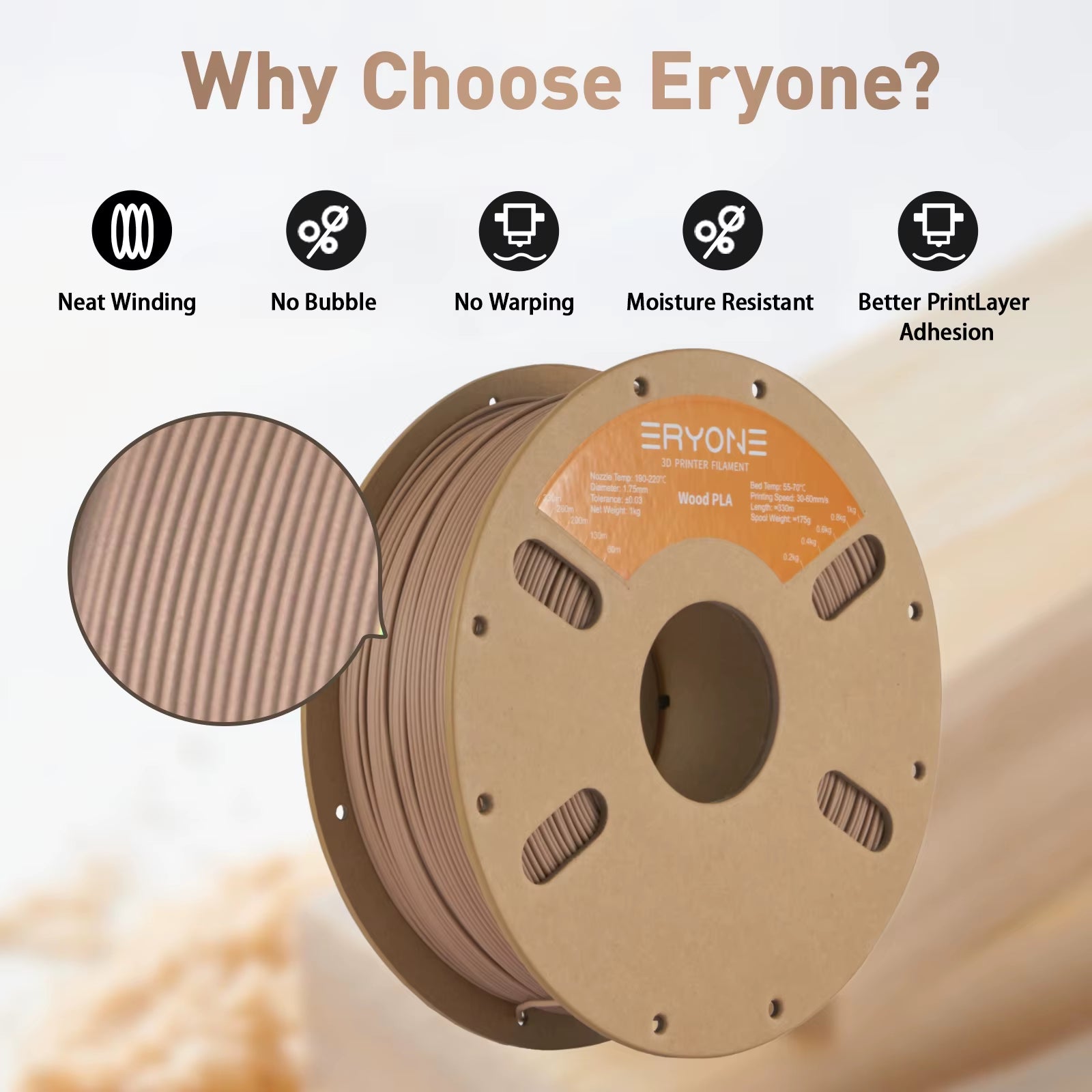 Wood PLA Filament 1KG Diameter 1.75Mm +-0.03Mm for FDM 3D Printer/Pen No Bubble High Quality 3D Printing Materials