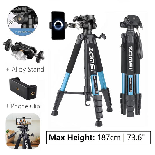 187Cm/73In Tall  Tripod Stand for Professional Camera Spotlight Telescope Binoculars 360° Rotatable Phone Holder for Video